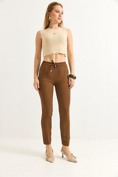 Raneel Kazançlı Alışveriş Elastic Waist Stripe Patterned Crepe Trousers Brown