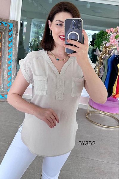 İnce Topuk Mesh Detail Cotton Linen Blouse 5Y352