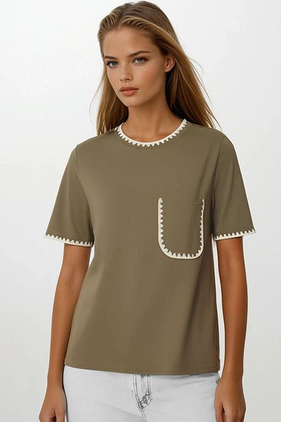 VAGGON Women's Khaki Embroidery Embroidered Single Pocket T-Shirt Vs00164