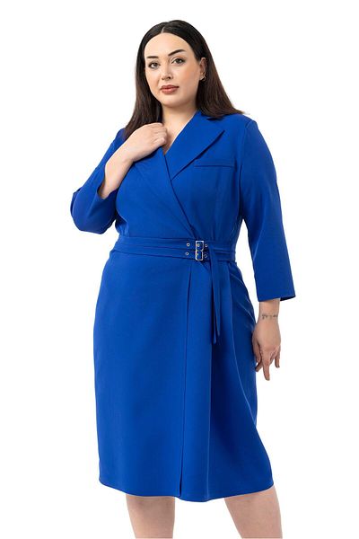 DISENTIS MODEST Plus Size Double Breasted Collar Three Quarter Sleeve Pleated Midi Saks Blue Dress
