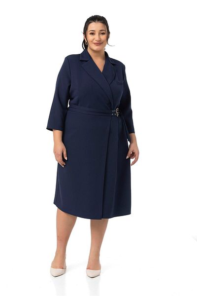 DISENTIS MODEST Plus Size Double Breasted Collar Three Quarter Sleeve Pleated Midi Navy Blue Dress