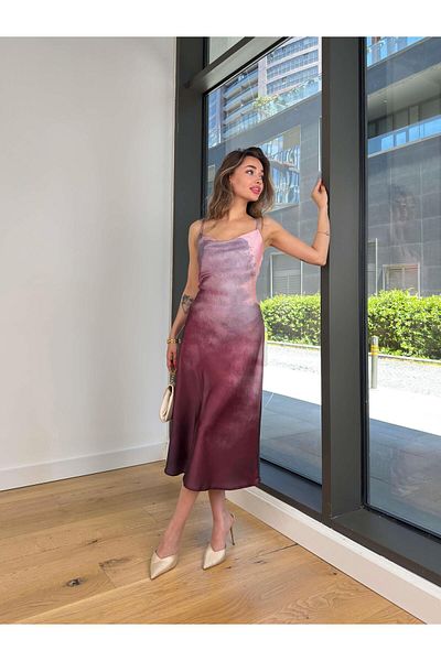 modaçelikler Strap Degaje Collar Halder Purple Women's Satin Dress 25Y371