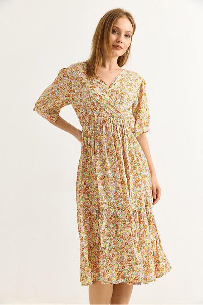 Raneel Kazançlı Alışveriş Double Breasted Collar Gathered Waist Midi Dress Mixed