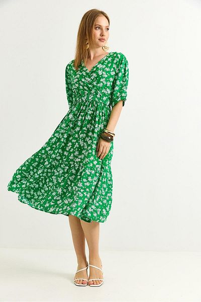Raneel Kazançlı Alışveriş Double Breasted Collar Gathered Waist Midi Dress Green
