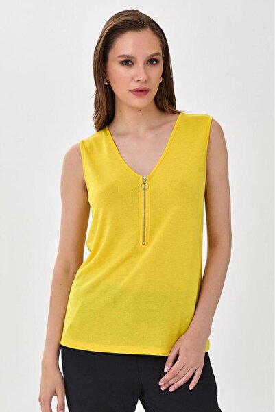 İKİLER V Yaka Önü Fermuarlı Kolsuz Bluz 025-1008