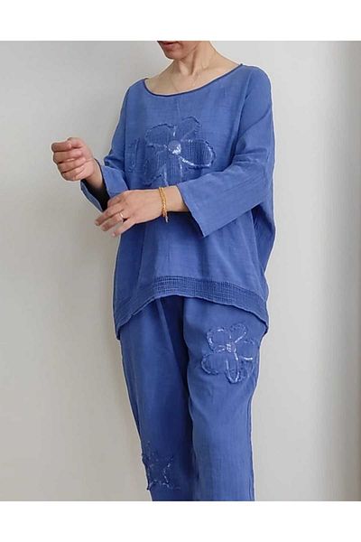EKAY Blue Applique Sleeves and Hem Ends Mesh Detail Loose 100% Cotton Oversize Blouse and Pants Set