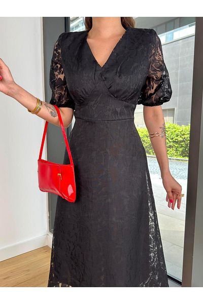modaçelikler V-Neck Lace Detail Elonma Black Women's Dress 25Y407