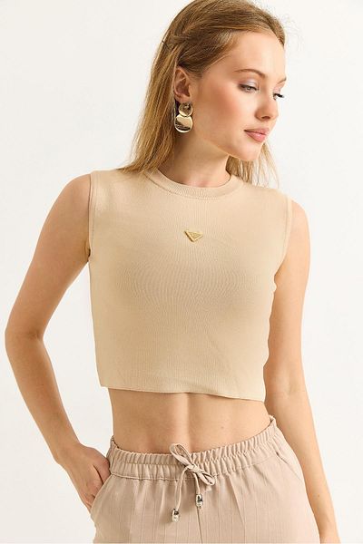 Raneel Kazançlı Alışveriş Μπλούζα Crew Neck Zero Sleeve Crop Μπεζ