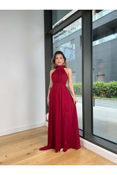modaçelikler Halter Neck Waist Seat Herlan Burgundy Women's Dress 25Y409
