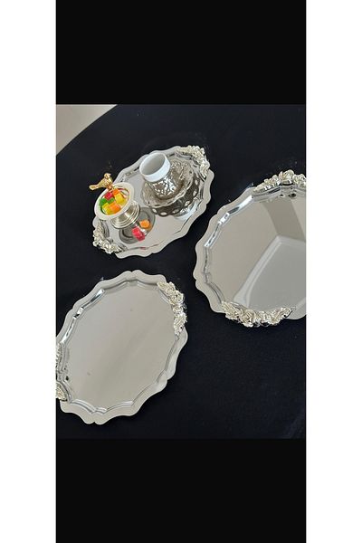 Elzemm store 6 Pcs Steel Round Wavy Model Silver Handle Service and Presentation Tray