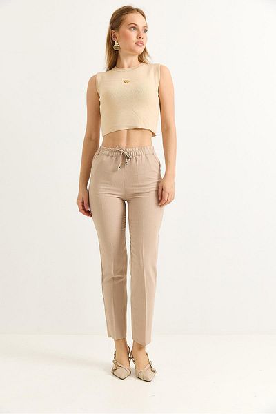 Raneel Kazançlı Alışveriş Elastic Waist Stripe Patterned Crepe Trousers Mink