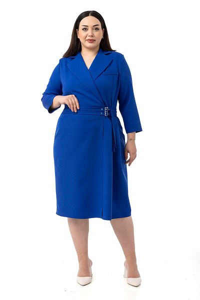 DISENTIS MODEST Plus Size Double Breasted Collar Three Quarter Sleeve Pleated Midi Saks Blue Dress