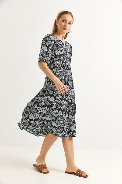 Raneel Kazançlı Alışveriş Double Breasted Collar Gathered Waist Midi Dress Black