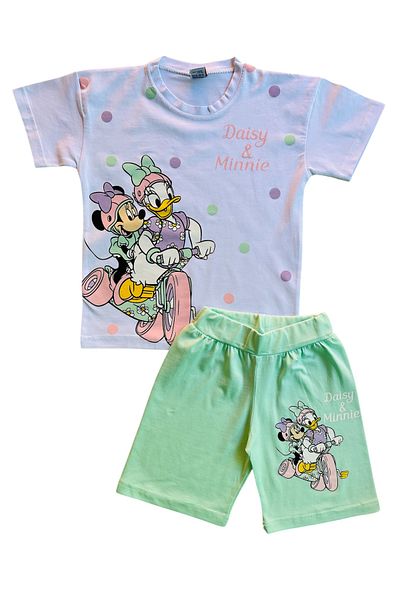 YUMİYUMM Girl's Character Printed White-Water Green Shorts Suit