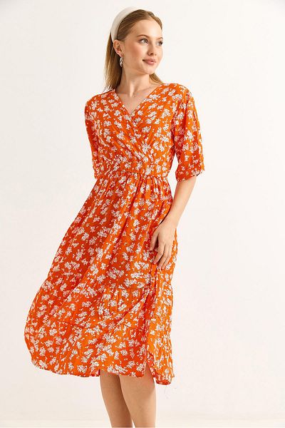 Raneel Kazançlı Alışveriş Double Breasted Collar Gathered Waist Midi Dress Orange