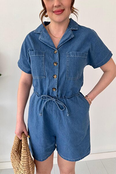 MaziButik Salopetă din denim cu pantaloni scurți Albastru