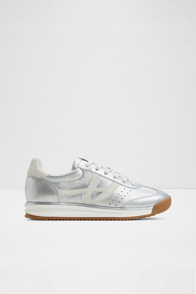 Aldo Stepcount - Pantofi de damă din piele artificială argintie, cu șireturi, pantofi sport Jogger