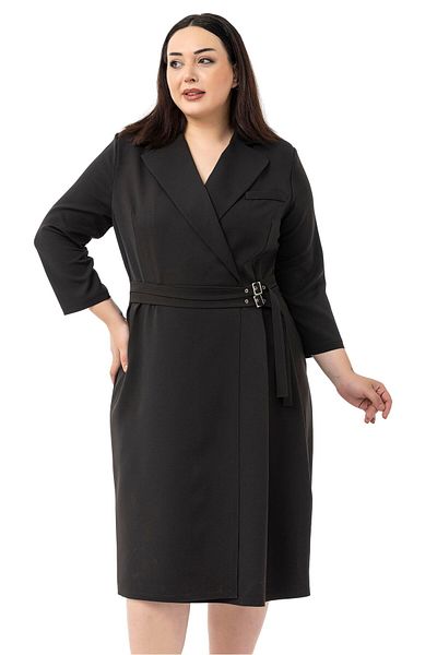 DISENTIS MODEST Plus Size Double Breasted Collar Three Quarter Sleeve Pleated Midi Black Dress