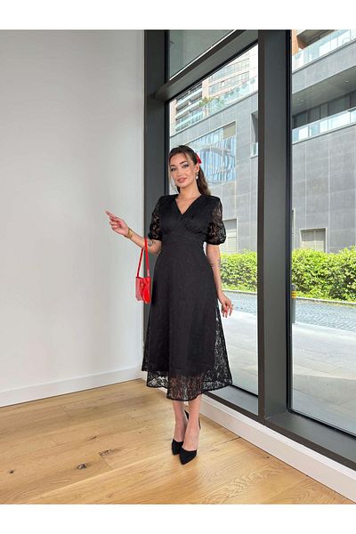 modaçelikler V-Neck Lace Detail Elonma Black Women's Dress 25Y407