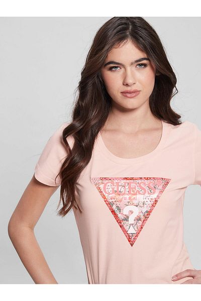 Guess Women's Triangle Logo Pink T-Shirt