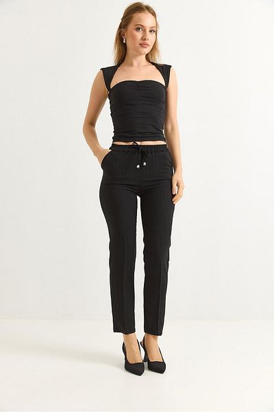 Raneel Kazançlı Alışveriş Elastic Waist Stripe Patterned Crepe Trousers Black