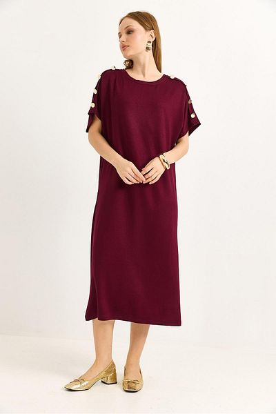 Raneel Kazançlı Alışveriş Shoulder Button Detailed Flowing Dress Burgundy