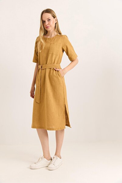 Raneel Kazançlı Alışveriş Pocket Belt Detailed Slit Woven Linen Dress Mustard