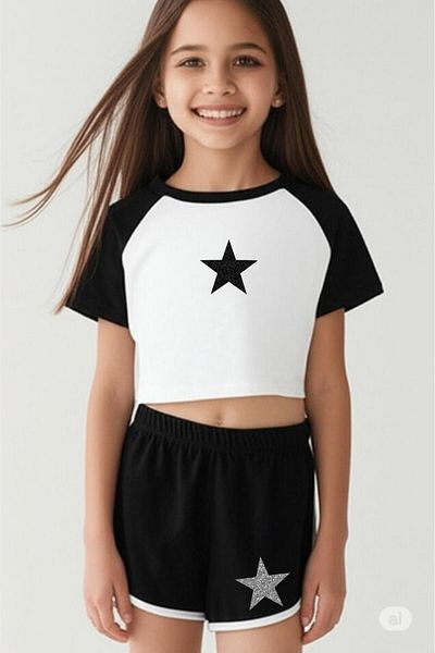 NO 601 Girl's White-Black Raglan Sleeve Tshirt Star Printed Shorts Bottom-Top Set