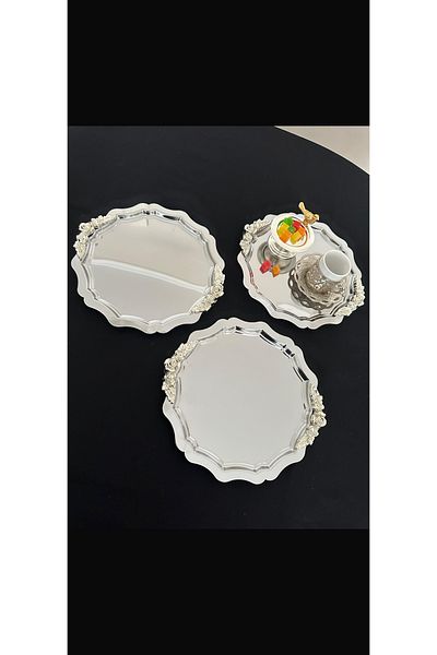 SEVA ÇELİK 6 Pcs Steel Round Wavy Model Silver Handle Service and Presentation Tray