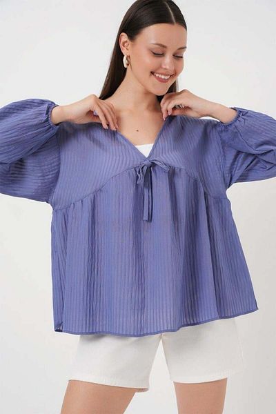 Aymood Front Lace Long Sleeve Blouse 946 - Indigo