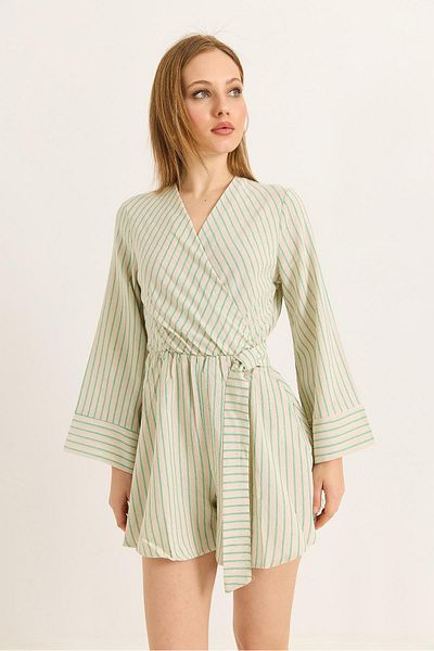 Raneel Kazançlı Alışveriş Double Breasted Collar Belt Detailed Woven Shorts Jumpsuit Green