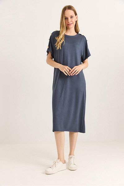 Raneel Kazançlı Alışveriş Shoulder Button Detailed Flowing Dress Indigo