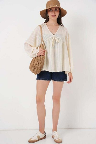 Aymood Front Lace-Up Long Sleeve Blouse 946 - Cream