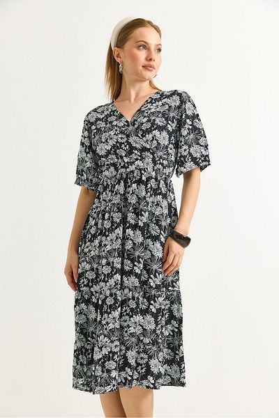 Raneel Kazançlı Alışveriş Double Breasted Collar Gathered Waist Midi Dress Black