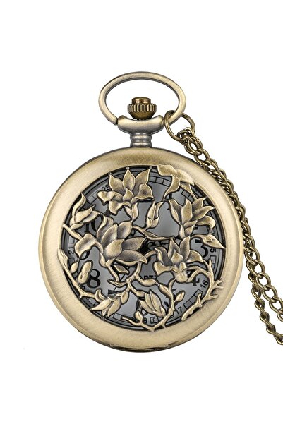 Choice ساعة جيب من الكوارتز على شكل زهرة برونزية مجوفة من البرونز قلادة وسلسل...
