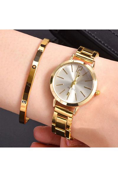 Choice Gold Womens Fashion Simple Digital Alloy Quartz Watch Bracelet 2 Piece Set Luxury Women Simple Dial