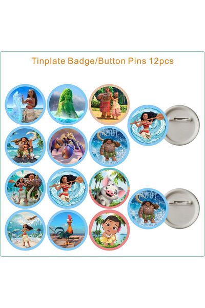 Miniso 12pcs Tinplate Badge Moana 2 Party Favor Birthday Party Gift Stickers Silicone Bracelet Cake Topper