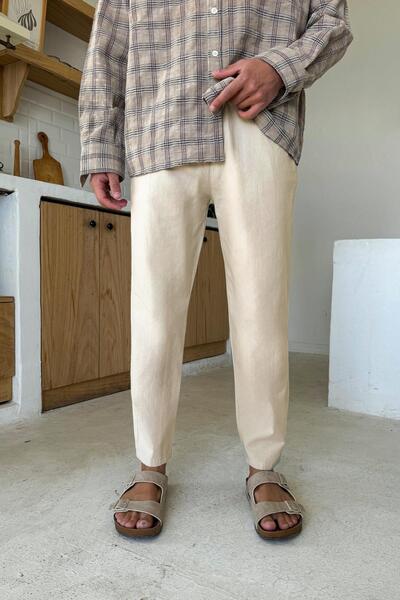 Flaw Wear Cream Waist Elastic Regular Linen Trousers