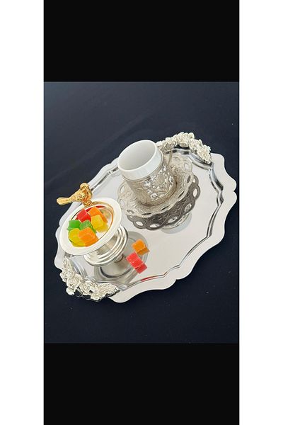 SEVA ÇELİK 1 Pcs Steel Round Wavy Silver Handle Service and Presentation Tray