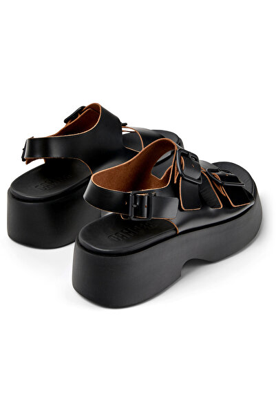 CAMPER Women's Black Genuine Leather Adjustable Double Strap Sandals Hook And Loop Tasha