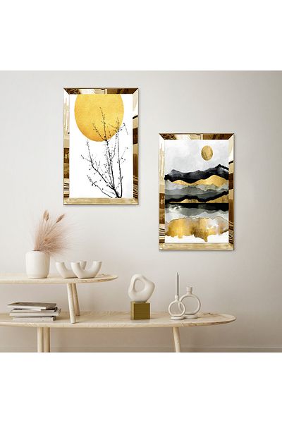 Zevahir Mobilya Dekorasyon GOLD MIRROR PLEXY FRAME COLLAGE DRAWING MOUNTAINS DALI ΔΙΑΚΟΣΜΗΤΙΚΟ ΔΙΠΛΟ ΣΕΤ ΠΙΝΑΚΙΔΩΝ MDF