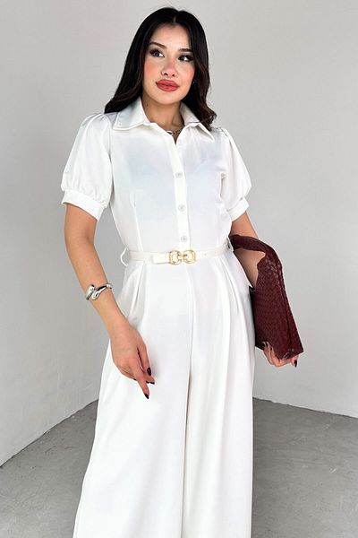 Cappmoda ELB-01795 Λευκό πουκάμισο με ζώνη γιακά πλισέ φόρμα Polyviscon