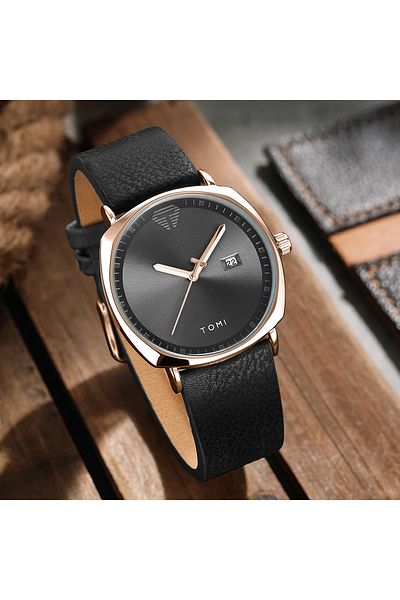 Choice Black gold TOMI Men's Watch Minimalist Fashion Sports Watch Calendar Leather Casual Quartz Watch