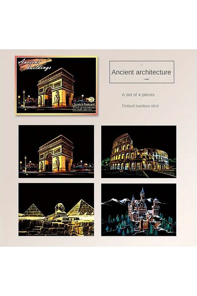 Choice Ancient building Night Scene Scratch Art Urban Landscape Architecture Clip Art 4PCS Postcard Style C