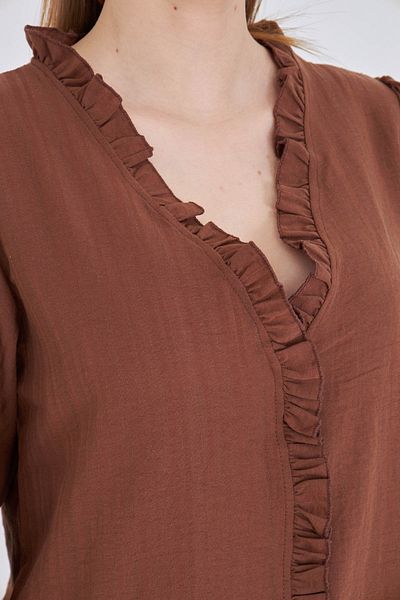 armonika Women's Light Brown Collar and Front Ruffle Detail Long Sleeve Blouse with Elastic Sleeves Arm-25K001030