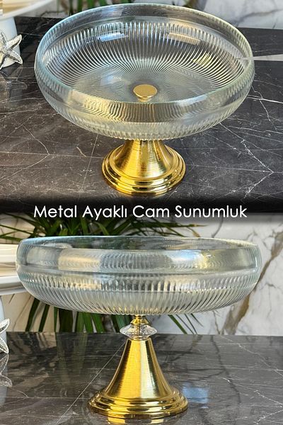 MAY HOME Metal Leg Glass Tableware Presentation Plate & Serving Plate (Gold)