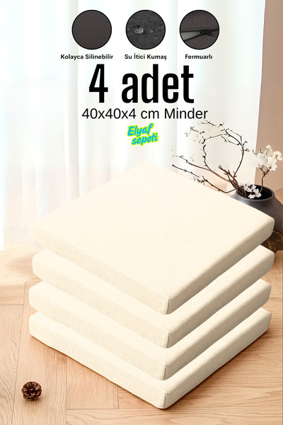 Elyaf Sepeti 4'lü Sandalye Minderi Fermuarlı Su Itici Kumaş 40x40x4 Cm Sünger...