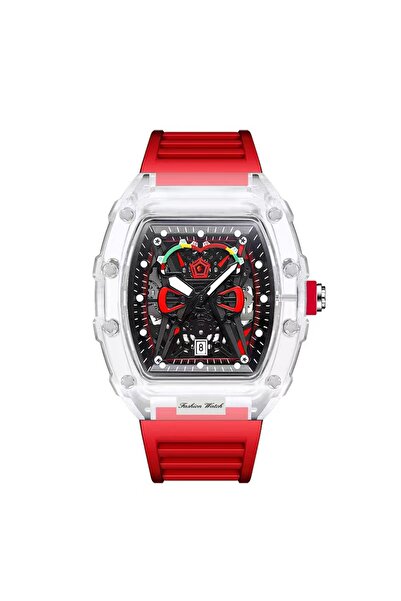 Choice ساعة كوارتز رجالية جديدة باللون الأحمر، علبة شفافة، حزام من السيليكون،...