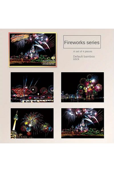 Choice Fireworks Night Scene Scratch Art Urban Landscape Architecture Clip Art 4PCS Postcard Style Colorful