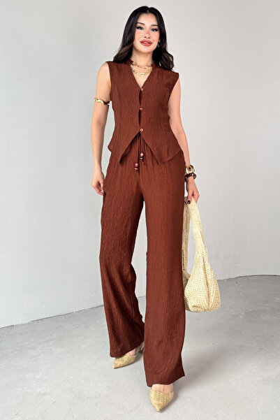 Cappmoda Tkm-13314 Tan Modern Judge Collar Vest & Tie Detail Casual Trousers Double Suit